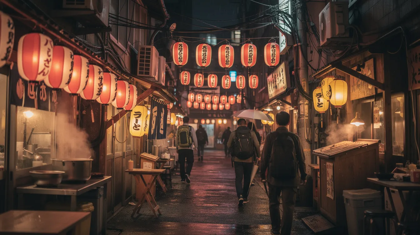 The image depicts a bustling Japanese restaurant street at night, illuminated by colorful lanterns, where travelers stroll through a narrow alley lined with small eateries serving traditional Japanese food. The vibrant atmosphere is filled with the enticing aromas of popular Japanese dishes like sushi rolls, noodle soup, and miso soup, showcasing the rich culture of Japanese cuisine.