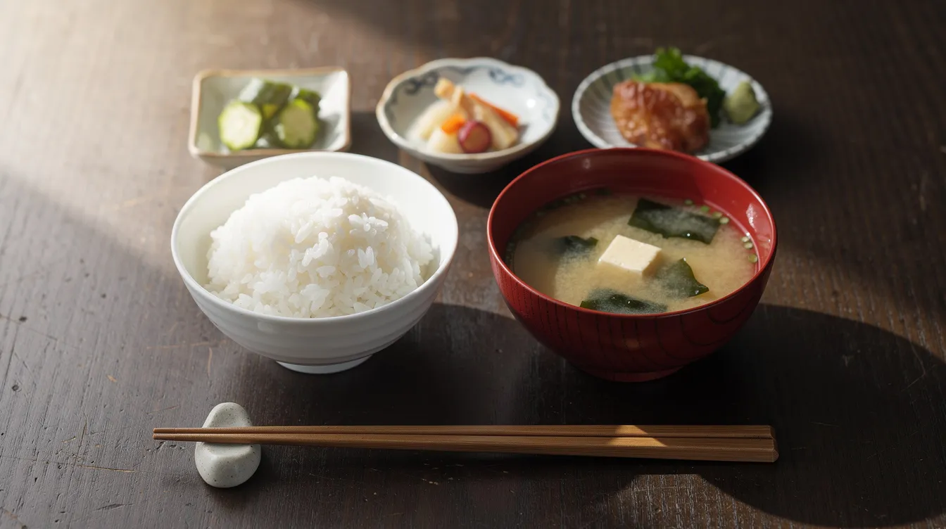 The image depicts a traditional Japanese table setting featuring a bowl of boiled rice on the left and a bowl of miso soup on the right, with small dishes of pickled vegetables and other sides arranged behind. Neatly resting beside the bowls are chopsticks, creating a harmonious presentation of Japanese cuisine.