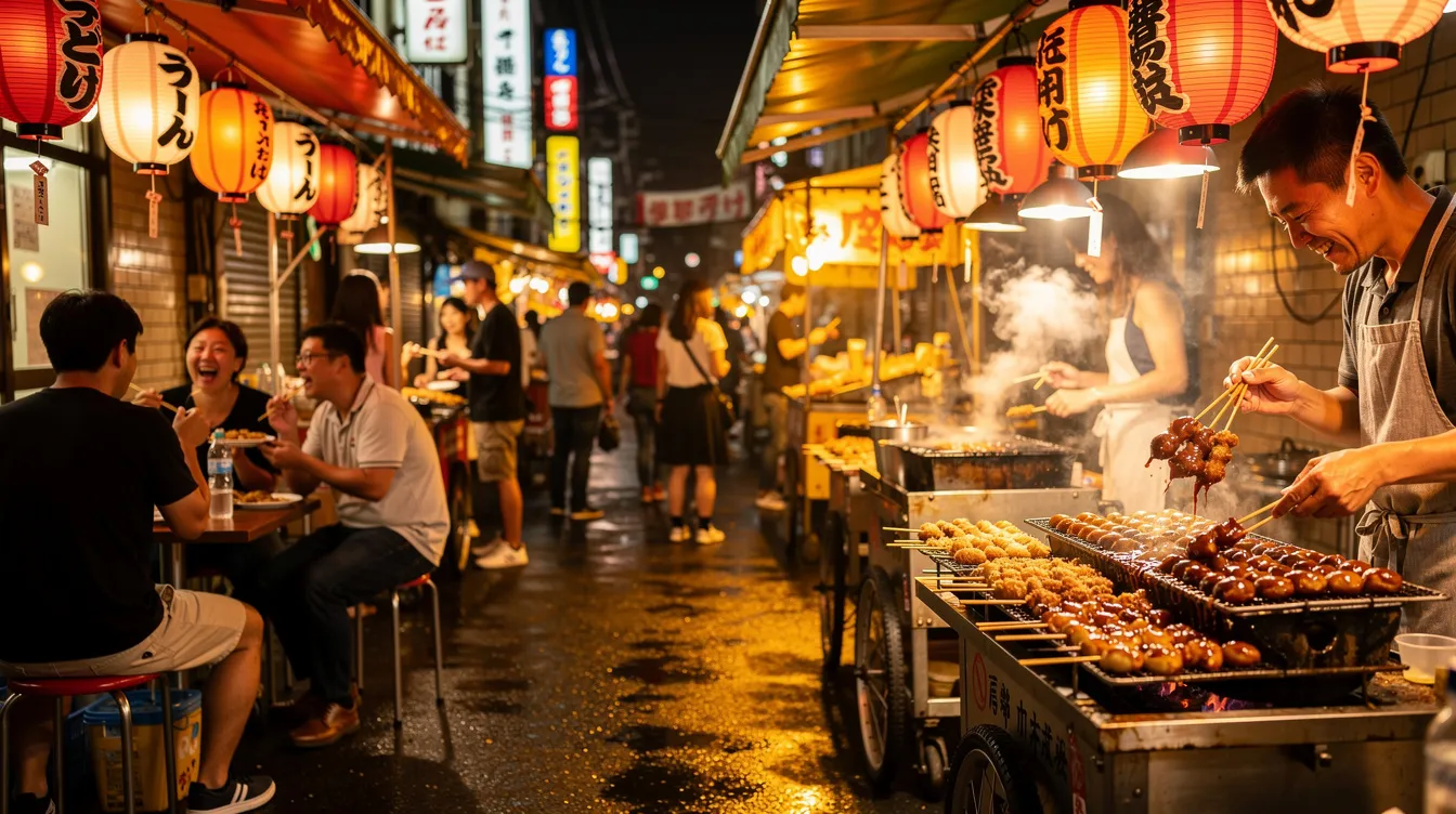 The image depicts a bustling Osaka night street filled with vibrant food stalls illuminated by glowing lanterns, where people enjoy delicious skewers and fried snacks in a relaxed atmosphere. The scene captures the essence of traditional Japanese cuisine, showcasing the unique flavors and seasonal ingredients that make this city a hidden gem for food lovers.