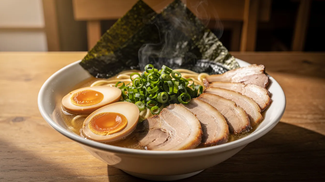 A steaming bowl of ramen showcases fresh ingredients, including tender sliced pork, a soft-boiled egg, vibrant scallions, and a piece of seaweed, inviting diners to experience the rich flavors typically found in a Japanese restaurant menu.