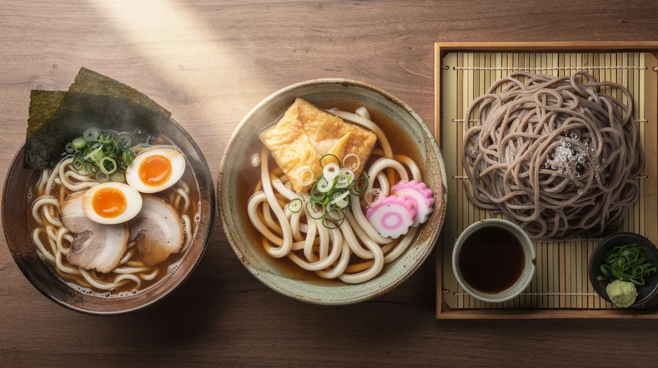 The image features a close-up of three traditional Japanese noodle bowls: a steaming bowl of ramen topped with a boiled egg, a hearty bowl of udon with crispy fried tofu, and a refreshing serving of cold soba noodles presented on a bamboo tray. Each dish represents a unique aspect of Japanese cuisine, showcasing the variety of flavors and textures found in popular noodle dishes.