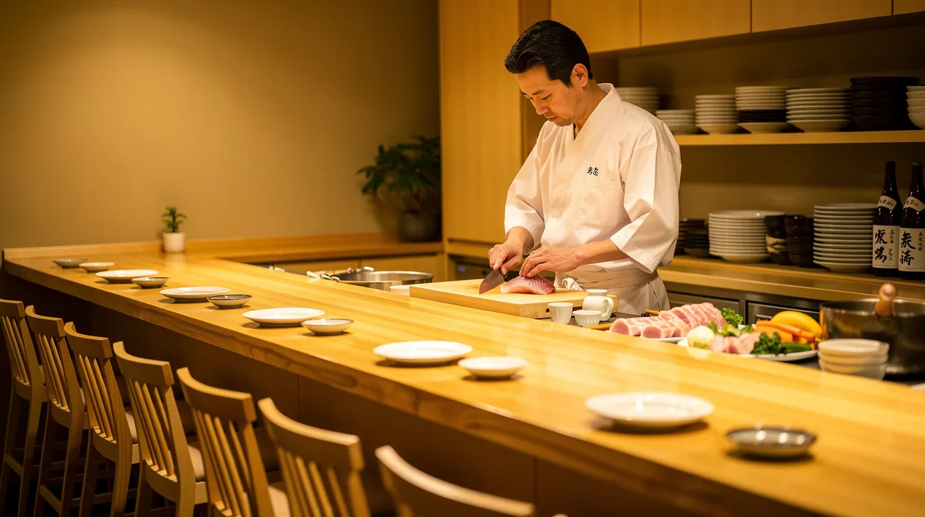 The image depicts a serene Japanese restaurant counter featuring wooden seating and an array of ceramic plates, while a chef skillfully prepares food using fresh ingredients. This inviting atmosphere offers a variety of options, including sushi and ramen, for guests to order and enjoy during their visit.
