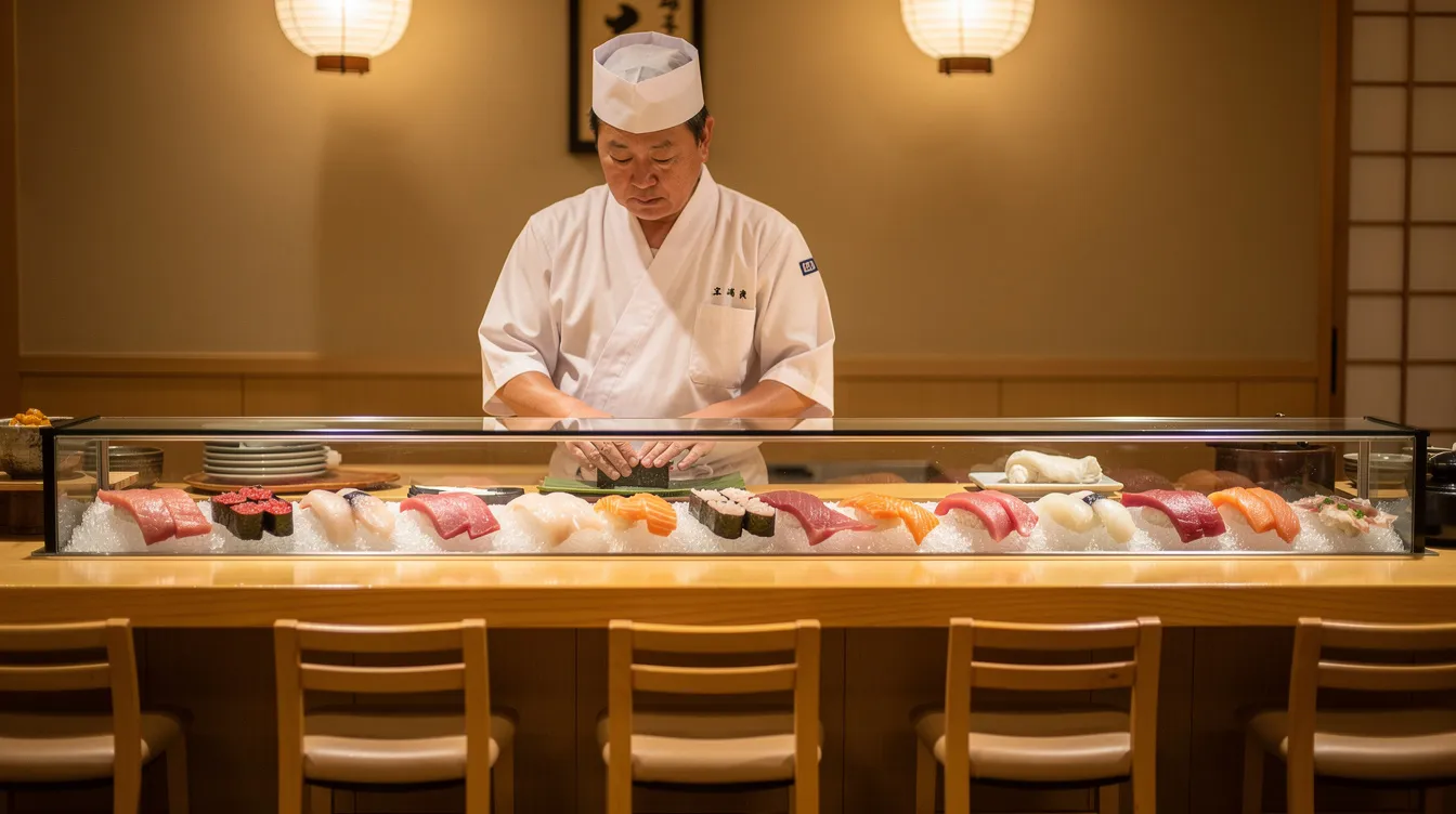 The image depicts a quiet sushi bar featuring a polished wooden counter with comfortable seating, where a chef skillfully prepares traditional nigiri using fresh seafood. The ambiance reflects authentic Japanese cuisine, inviting diners to enjoy a meal centered around quality sushi and seasonal ingredients.