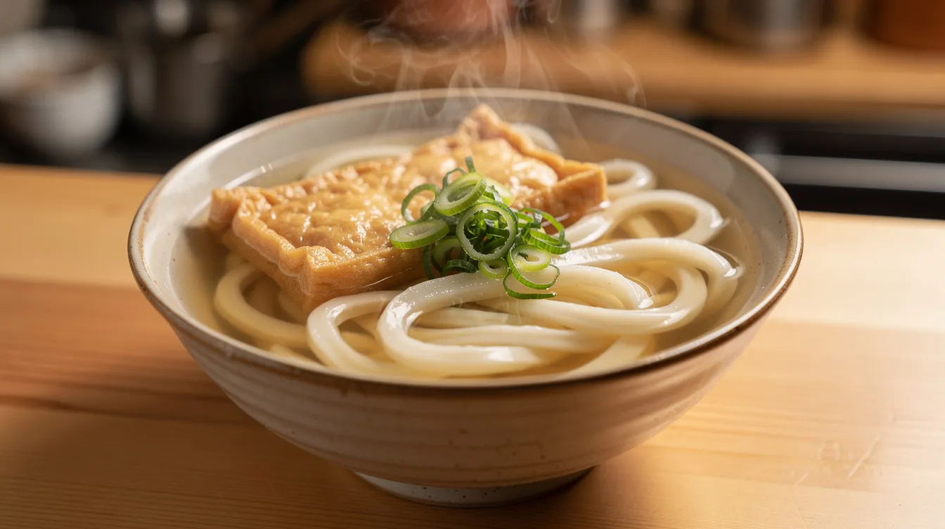 A steaming bowl of udon noodles sits on a counter, topped with fried tofu and green onions, immersed in a clear broth. This dish is a classic example of traditional Japanese cuisine, showcasing the comforting flavors of Japanese food culture.