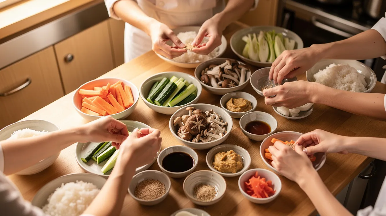 In a cozy cooking class kitchen, hands are actively preparing traditional Japanese ingredients, including bowls of rice, fresh vegetables, and various seasonings. The atmosphere reflects a vibrant Japanese food culture, showcasing the art of Japanese cooking and the preparation of delicious dishes.