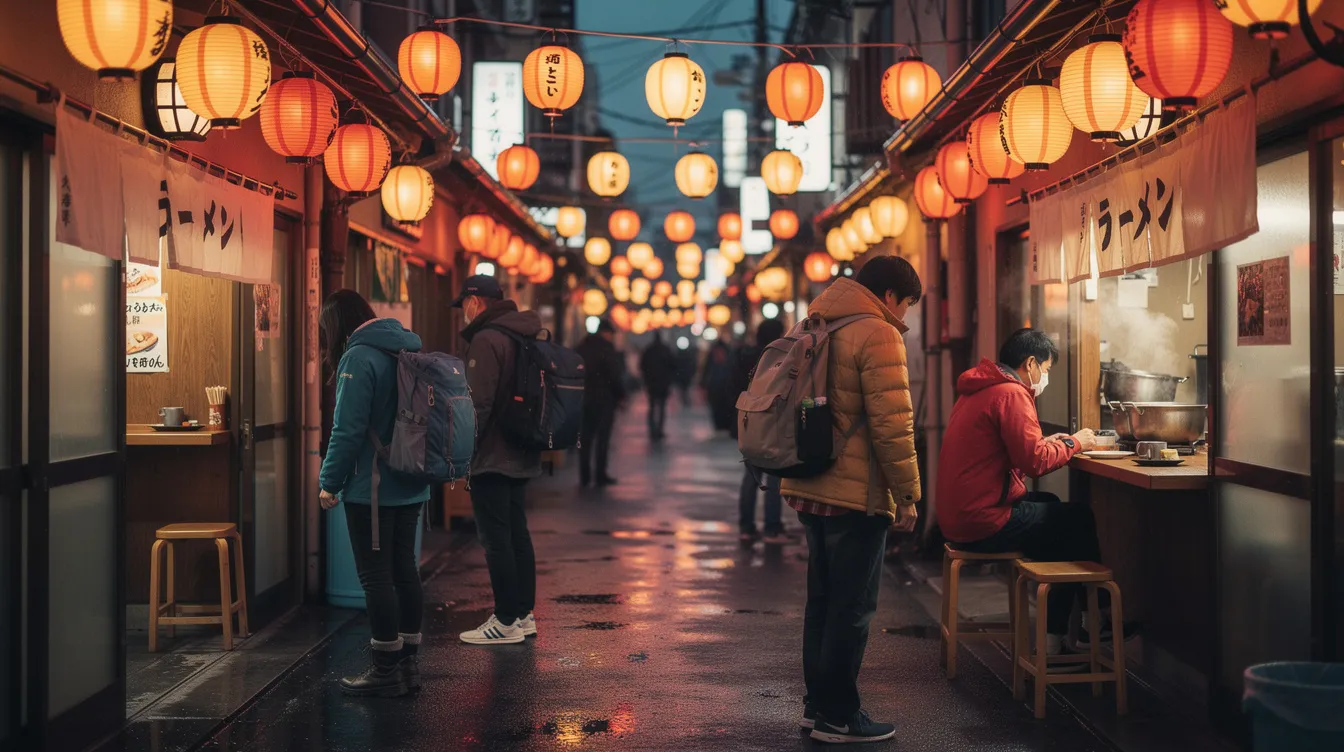 The image depicts a narrow Tokyo food alley illuminated by warm lanterns, featuring small restaurant entrances where travelers stroll past cozy counters. This vibrant scene showcases the essence of traditional Japanese cuisine, with enticing aromas of delicious food wafting from the eateries, inviting guests to experience unique flavors and seasonal ingredients.