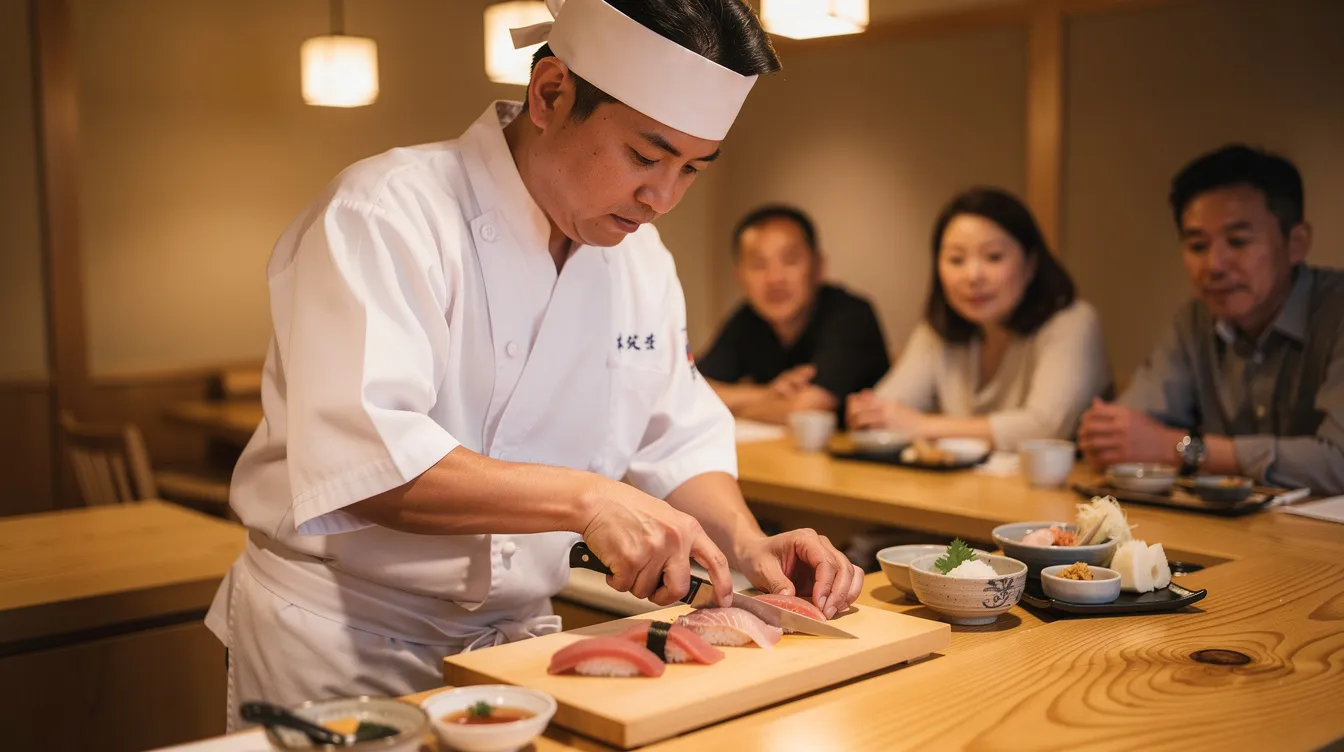A chef skillfully prepares traditional sushi at a small wooden counter, while diners observe the meticulous process in a relaxed atmosphere. The scene captures the essence of Japanese cuisine, offering a glimpse into the art of sushi making, a cherished aspect of Tokyo's vibrant food scene.