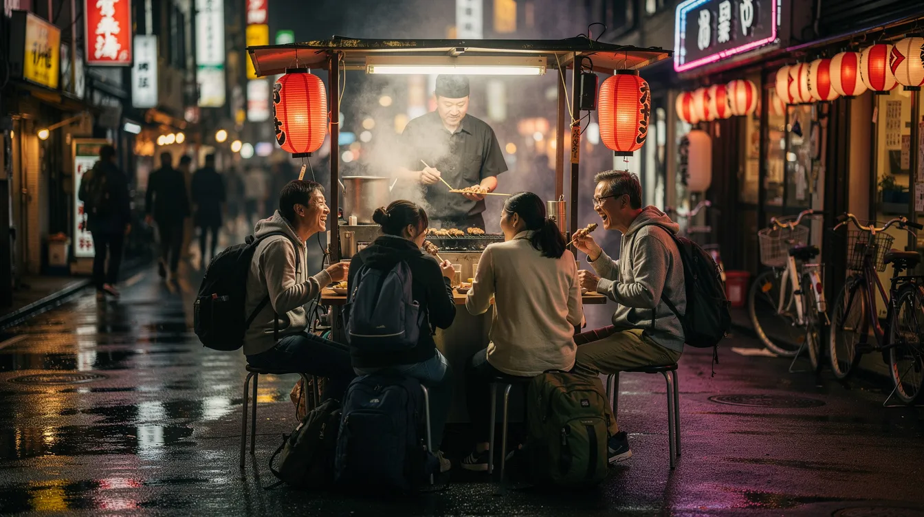Travelers are enjoying grilled chicken skewers at a small, smoky counter in a narrow alley in Tokyo, surrounded by the vibrant atmosphere of the city's street food scene. The setting reflects traditional Japanese culture, with the aroma of skewers sizzling and the sounds of lively conversation enhancing the experience.