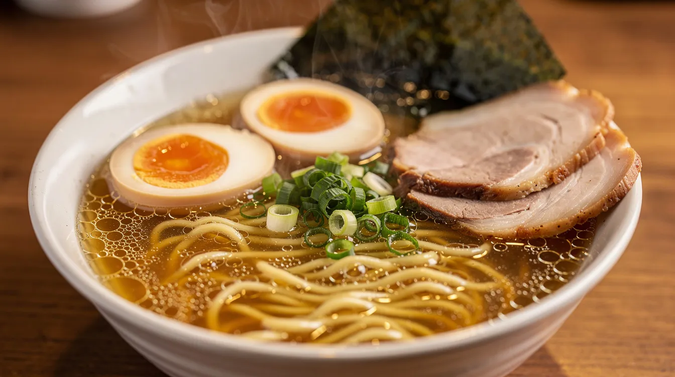 A steaming bowl of ramen sits on a table, filled with tender noodles, a soft-boiled egg, fresh green onions, and slices of savory pork, showcasing authentic Japanese cuisine. This hot dish captures the essence of traditional Japanese flavors, making it a popular choice in Japanese restaurants.