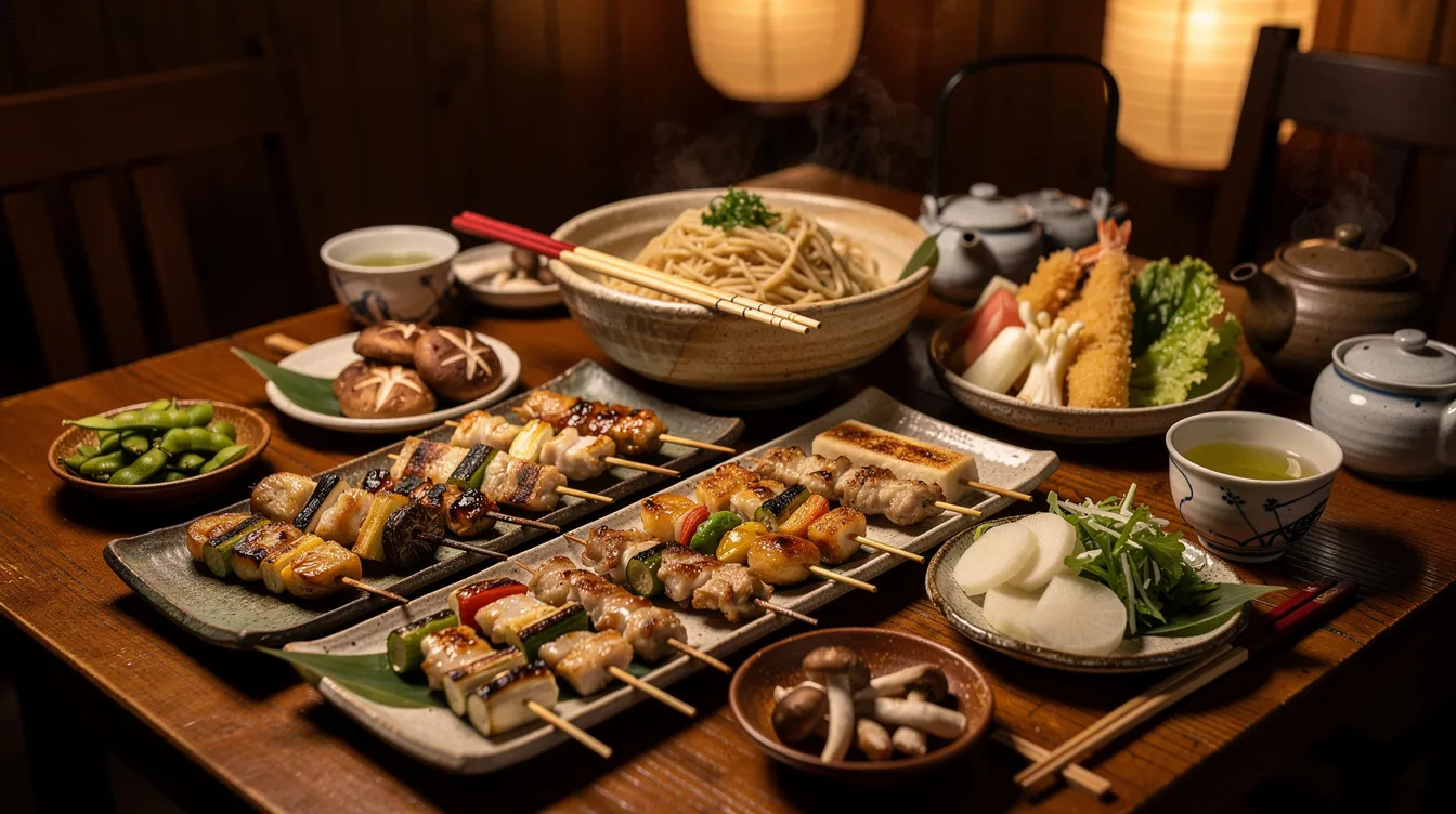 The image depicts a cozy izakaya table adorned with a variety of grilled skewers, small plates featuring seasonal vegetables, and bowls of noodles, all accompanied by delicate tea cups, creating a relaxed atmosphere reminiscent of traditional Japanese cuisine. This inviting setting highlights the delicious food and fresh ingredients typical of a Tokyo Japanese restaurant, perfect for enjoying unique flavors and a wide selection of dishes.