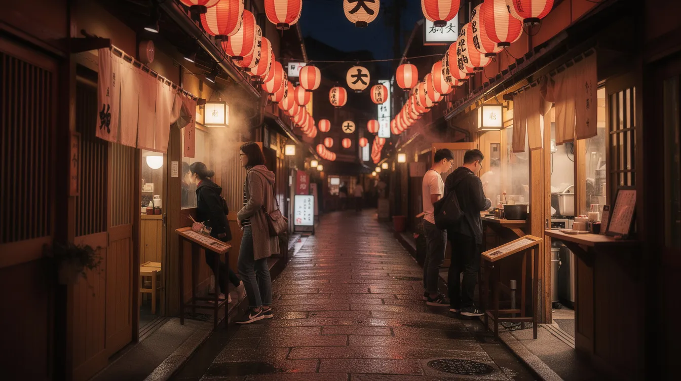 The image depicts a narrow food alley in Kyoto, Japan, illuminated by glowing lanterns, with wooden storefronts and diners entering small restaurants. The scene captures the vibrant atmosphere of Kyoto cuisine at night, showcasing the charm of local dining experiences and the anticipation of enjoying delicious dishes like ramen and sushi.