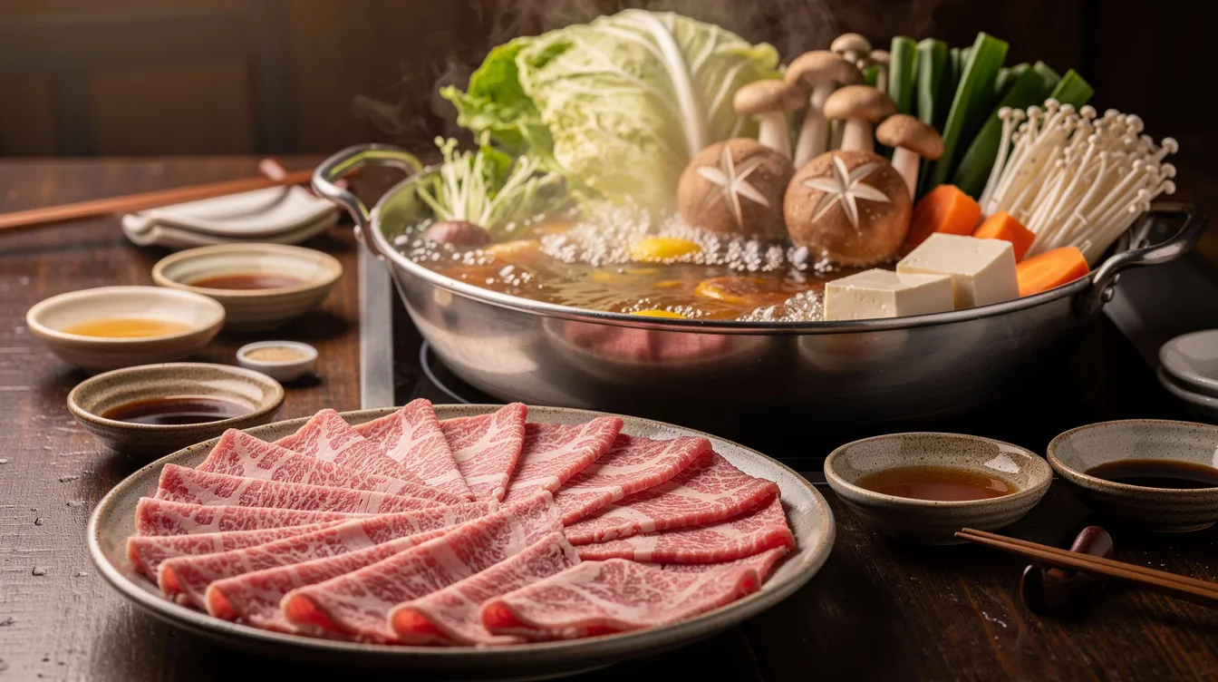 A steaming Japanese hot pot sits on a wooden table, filled with thinly sliced beef, tofu, mushrooms, and fresh vegetables, ready to be cooked together in a flavorful broth. This traditional Japanese food showcases the essence of communal dining, where ingredients are enjoyed hot and fresh.