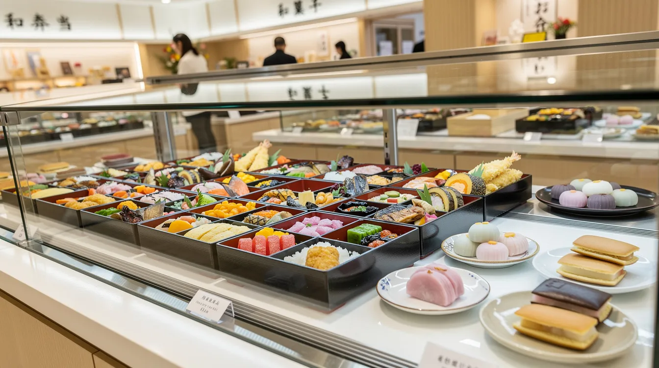A vibrant display of beautifully arranged Japanese bento boxes and traditional sweets can be seen in a bright department store food hall, showcasing a variety of colorful dishes that reflect the rich culture of Japanese cuisine. The assortment includes items like sushi, grilled chicken skewers, and delicate treats, inviting visitors to explore the delicious offerings of Tokyo's food scene.