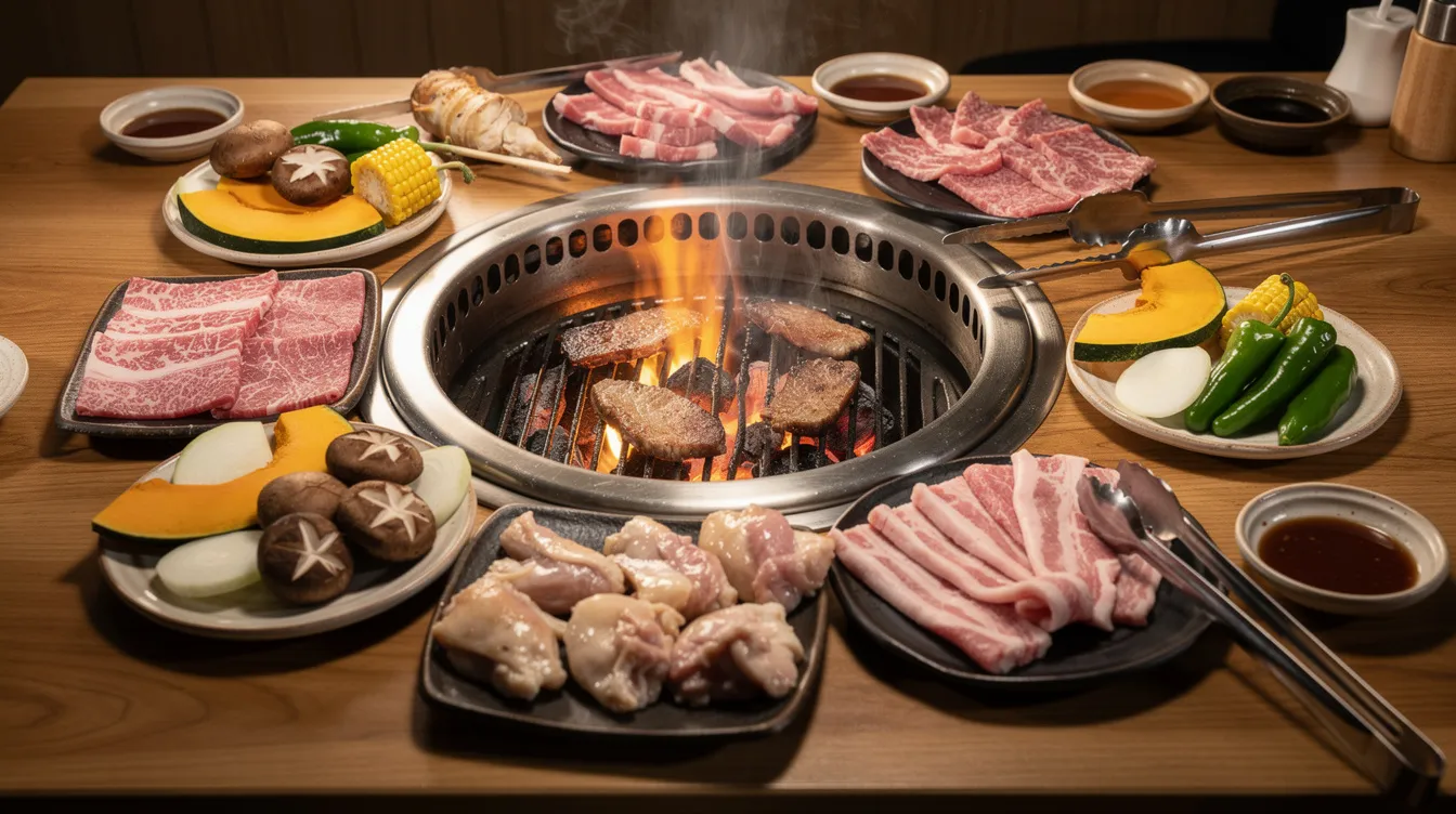 The image depicts a Japanese BBQ table set with small plates of fresh ingredients, including sliced meat and vegetables, alongside a built-in grill, inviting diners to enjoy a unique cooking experience. This vibrant arrangement showcases a variety of options that one might find on a Japanese restaurant menu, perfect for a memorable visit.