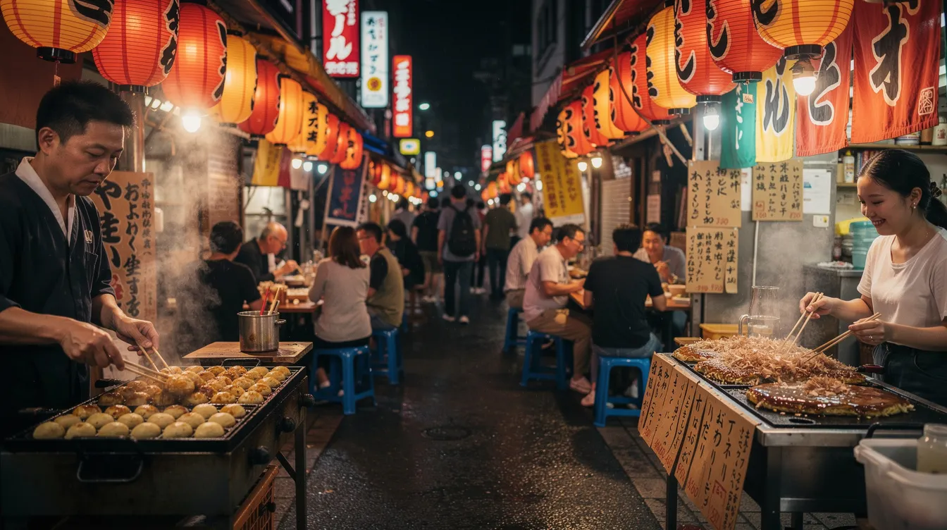 The image depicts a vibrant Osaka street food scene filled with bustling food stalls illuminated by lanterns, showcasing traditional Japanese dishes like takoyaki and okonomiyaki. The atmosphere is lively, with people enjoying delicious Japanese food, highlighting the rich food culture of Japan.