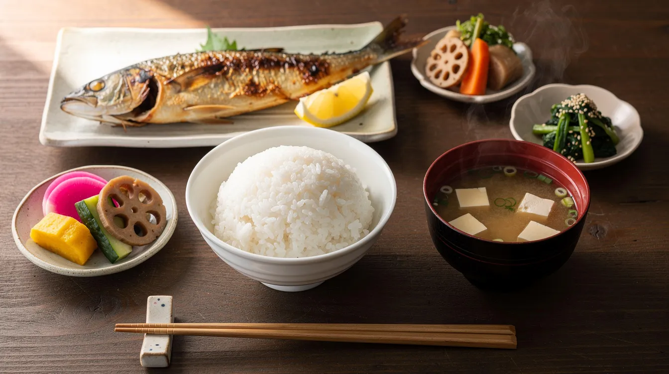 The image showcases a traditional Japanese meal set on a wooden table, featuring a bowl of rice, a steaming bowl of miso soup, grilled fish, pickles, and an assortment of small vegetable dishes, reflecting the essence of Japanese cuisine and food culture. This beautifully arranged meal highlights the typical elements of traditional Japanese food, emphasizing a balanced and flavorful dining experience.