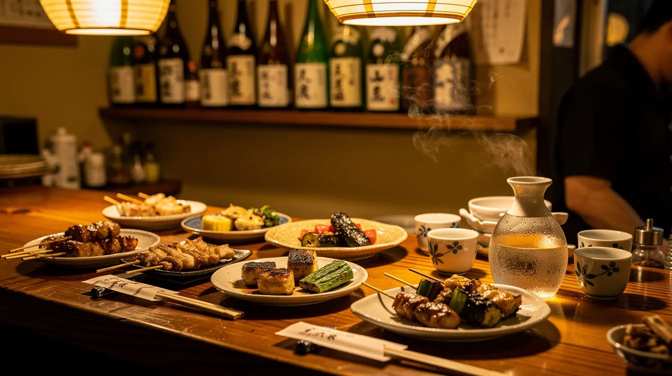 The image depicts an intimate izakaya counter adorned with small plates of delicious Japanese cuisine, including grilled skewers and sake cups, all illuminated by warm lighting that creates a cozy atmosphere. This setting is perfect for enjoying a meal with friends while visiting Kyoto, showcasing the essence of local dining culture.