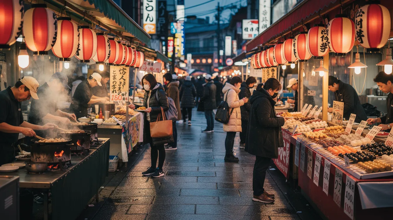 The image depicts a bustling Japanese market walkway filled with vibrant food stalls offering a variety of traditional Japanese food, including grilled seafood, sweets like red bean paste, and people sampling delicious snacks. The atmosphere is lively, showcasing the rich Japanese food culture and the enjoyment of diverse Japanese dishes.