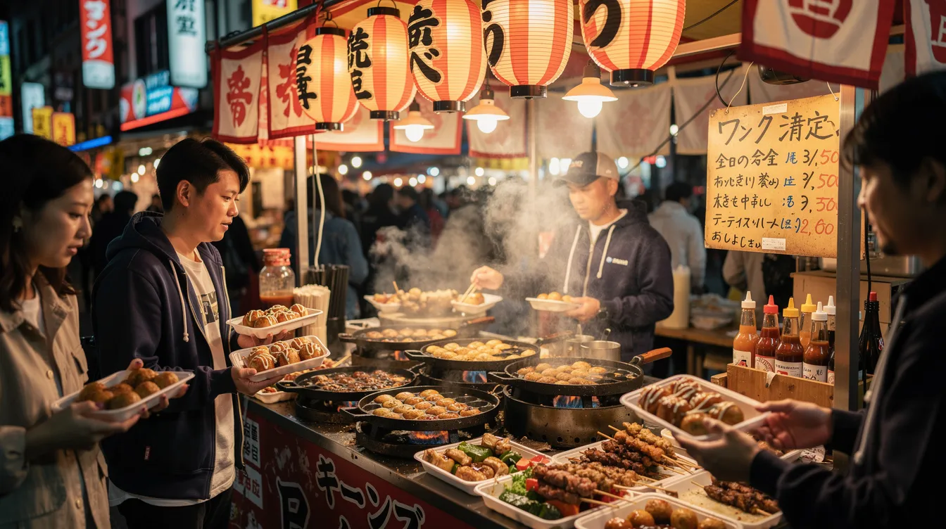 The image depicts a bustling Osaka street-food stall featuring takoyaki pans sizzling with octopus balls, skewers grilling various meats, and excited visitors holding small trays filled with delicious snacks, showcasing the vibrant atmosphere of traditional Japanese food culture. The scene highlights the joy of enjoying authentic Japanese cuisine in a lively outdoor setting.