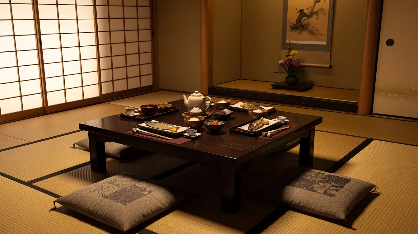 The image depicts a traditional Japanese tatami dining room featuring a low table surrounded by cushions, with a variety of neatly arranged dishes showcasing authentic Japanese cuisine, including sushi rolls, miso soup, and seasonal ingredients. The serene atmosphere invites diners to enjoy a meal in a casual yet culturally rich setting, typical of Japanese restaurants.