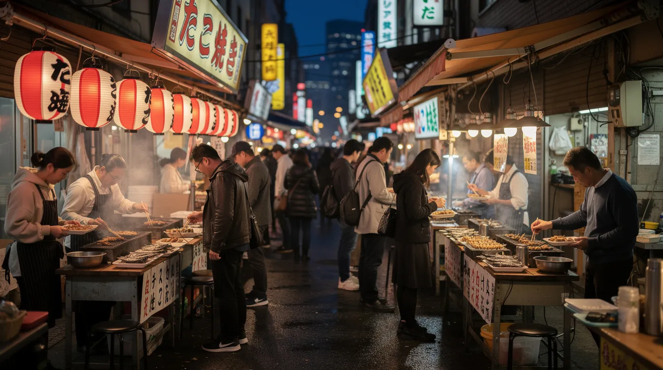 The image depicts a vibrant Tokyo market bustling with people enjoying various street food, including seafood snacks, under colorful lanterns. Small stalls line the narrow lanes, offering a taste of Japanese cuisine, such as grilled chicken skewers and sushi, creating a lively atmosphere that showcases the city's rich food scene.