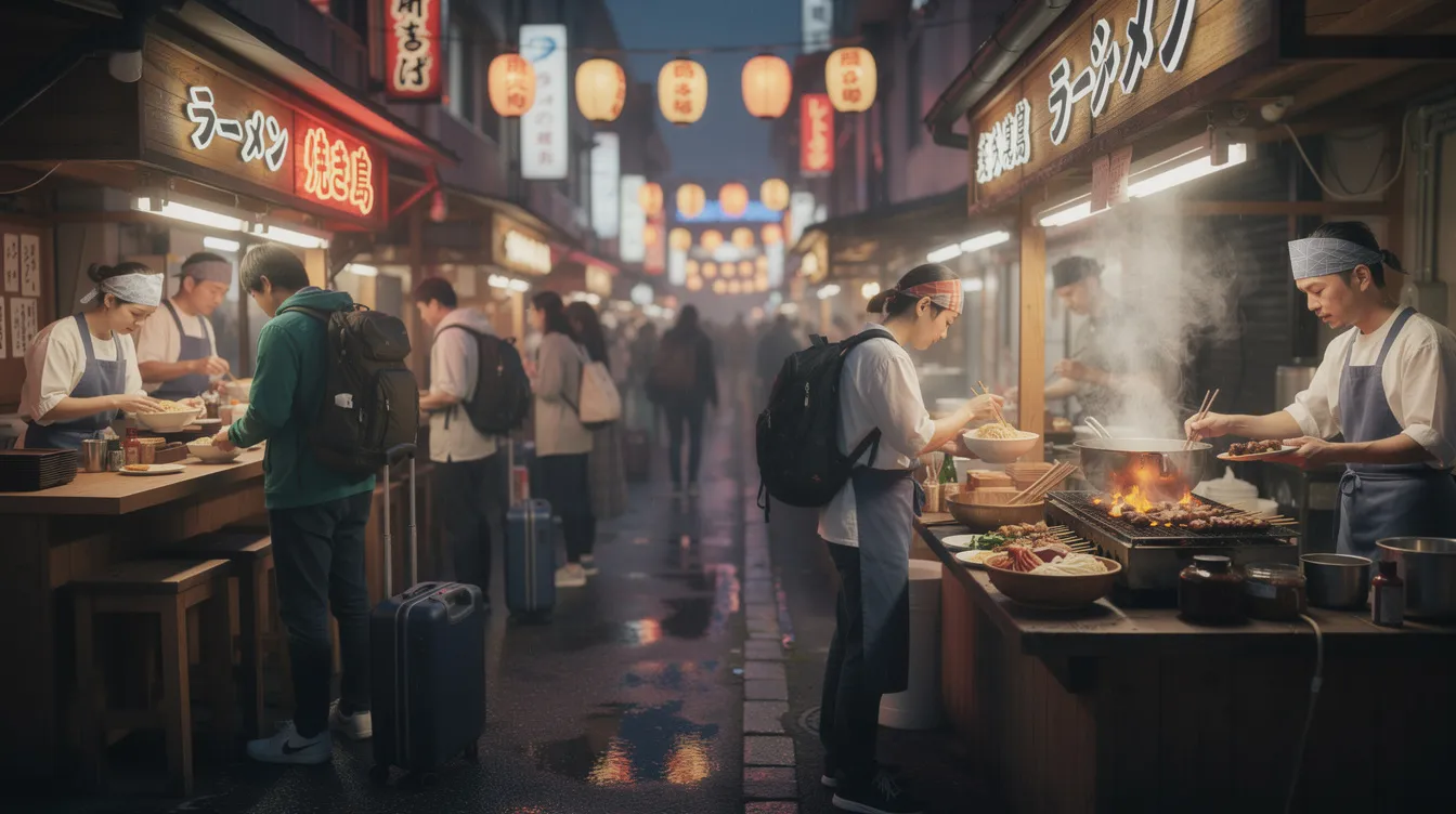 The image depicts a lively Japanese food street in the evening, illuminated by glowing stalls offering various traditional Japanese dishes, including bowls of steaming noodle soup, grilled skewers, and vibrant travelers savoring the atmosphere. The scene captures the essence of Japanese cuisine, showcasing the rich culture and diverse flavors, from sushi rice to deep-fried pork cutlets.