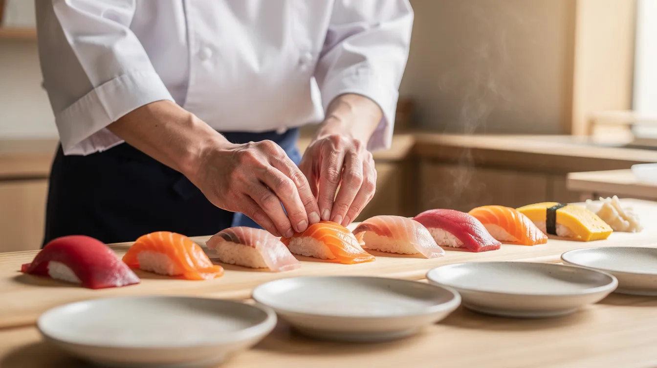 A sushi chef skillfully prepares nigiri at a wooden counter, showcasing fresh fish and warm sushi rice on simple ceramic plates, embodying the essence of traditional Japanese cuisine. The relaxed atmosphere of this Tokyo Japanese restaurant invites guests to enjoy the unique flavors and delicious food crafted from seasonal ingredients.