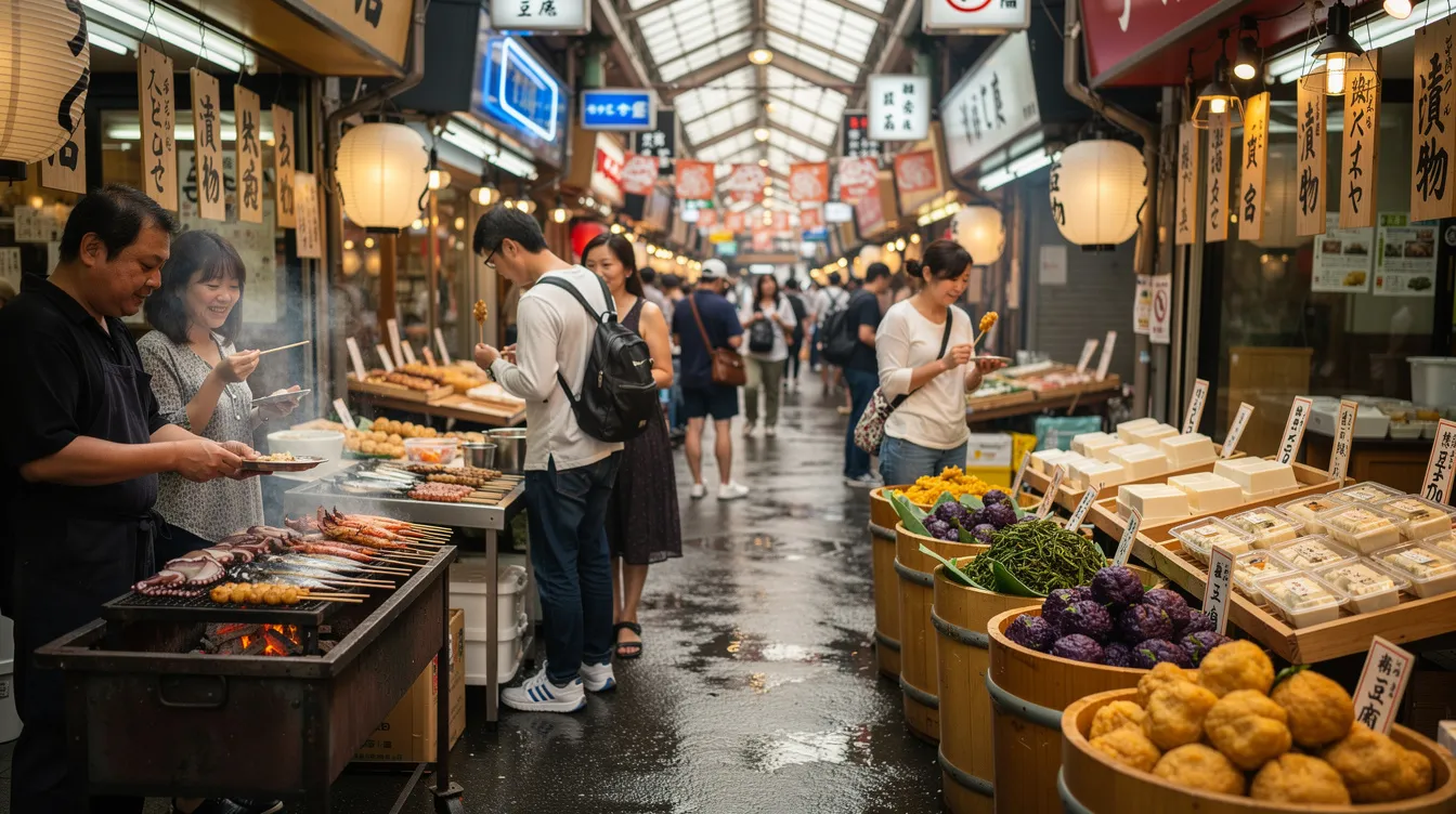 The image depicts a bustling covered market in Kyoto, filled with vendors offering seafood skewers, pickles, and tofu products, while small groups of people sample various snacks. This vibrant scene captures the essence of Kyoto cuisine, showcasing local delicacies and the lively atmosphere of Nishiki Market, a popular destination for both locals and tourists.